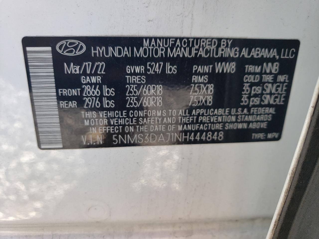 2022 Hyundai Santa Fe Sel VIN: 5NMS3DAJ1NH444848 Lot: 89472305