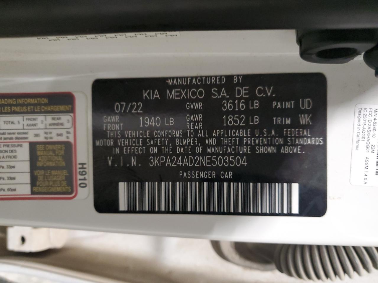 2022 Kia Rio Lx VIN: 3KPA24AD2NE503504 Lot: 82729625