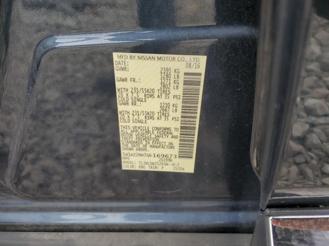 2016 Nissan Murano S VIN: 5N1AZ2MH7GN169673 Lot: 82472655