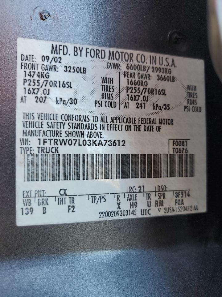 2003 Ford F150 Supercrew VIN: 1FTRW07L03KA73612 Lot: 86283565