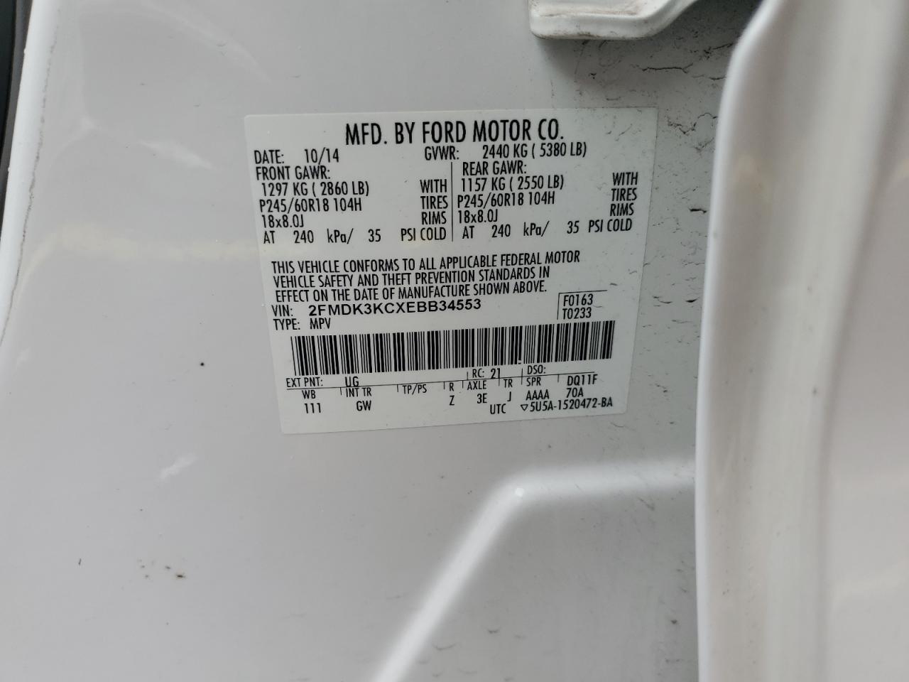 2014 Ford Edge Limited VIN: 2FMDK3KCXEBB34553 Lot: 85664025