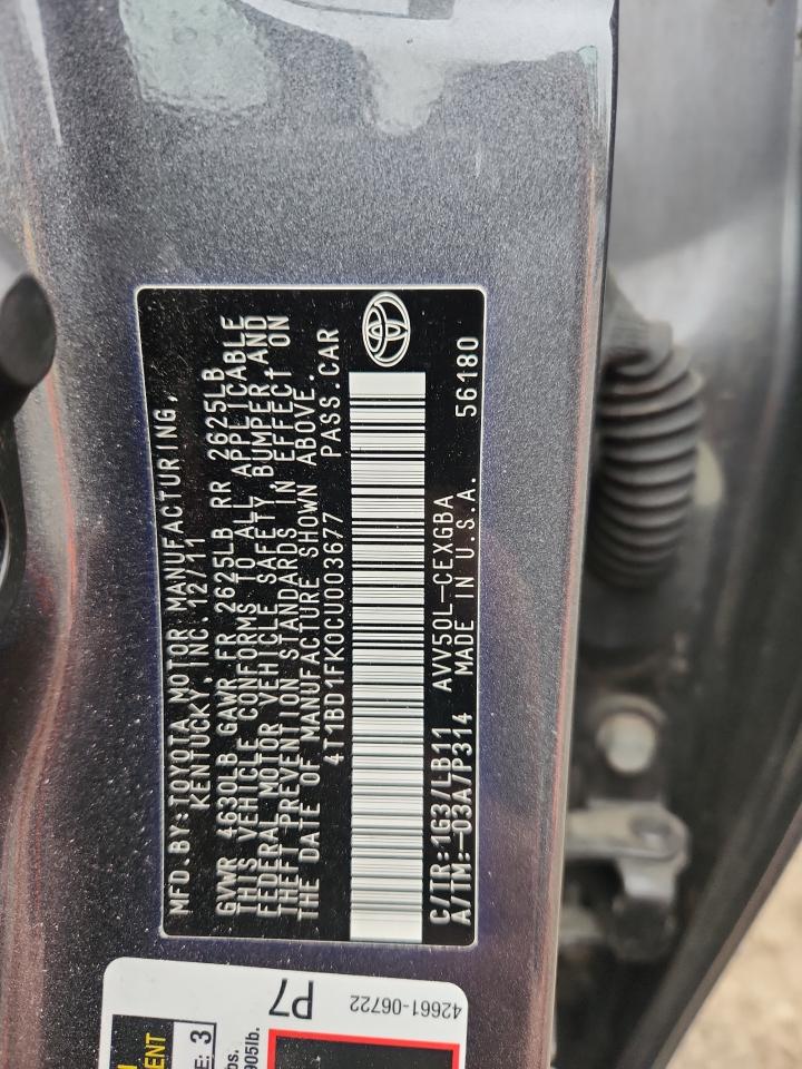 2012 Toyota Camry Hybrid VIN: 4T1BD1FK0CU003677 Lot: 86129805