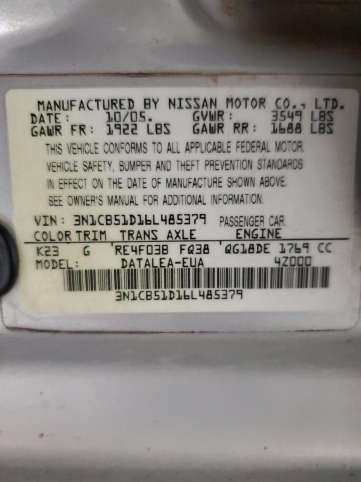 2006 Nissan Sentra 1.8 VIN: 3N1CB51D16L485379 Lot: 82316955
