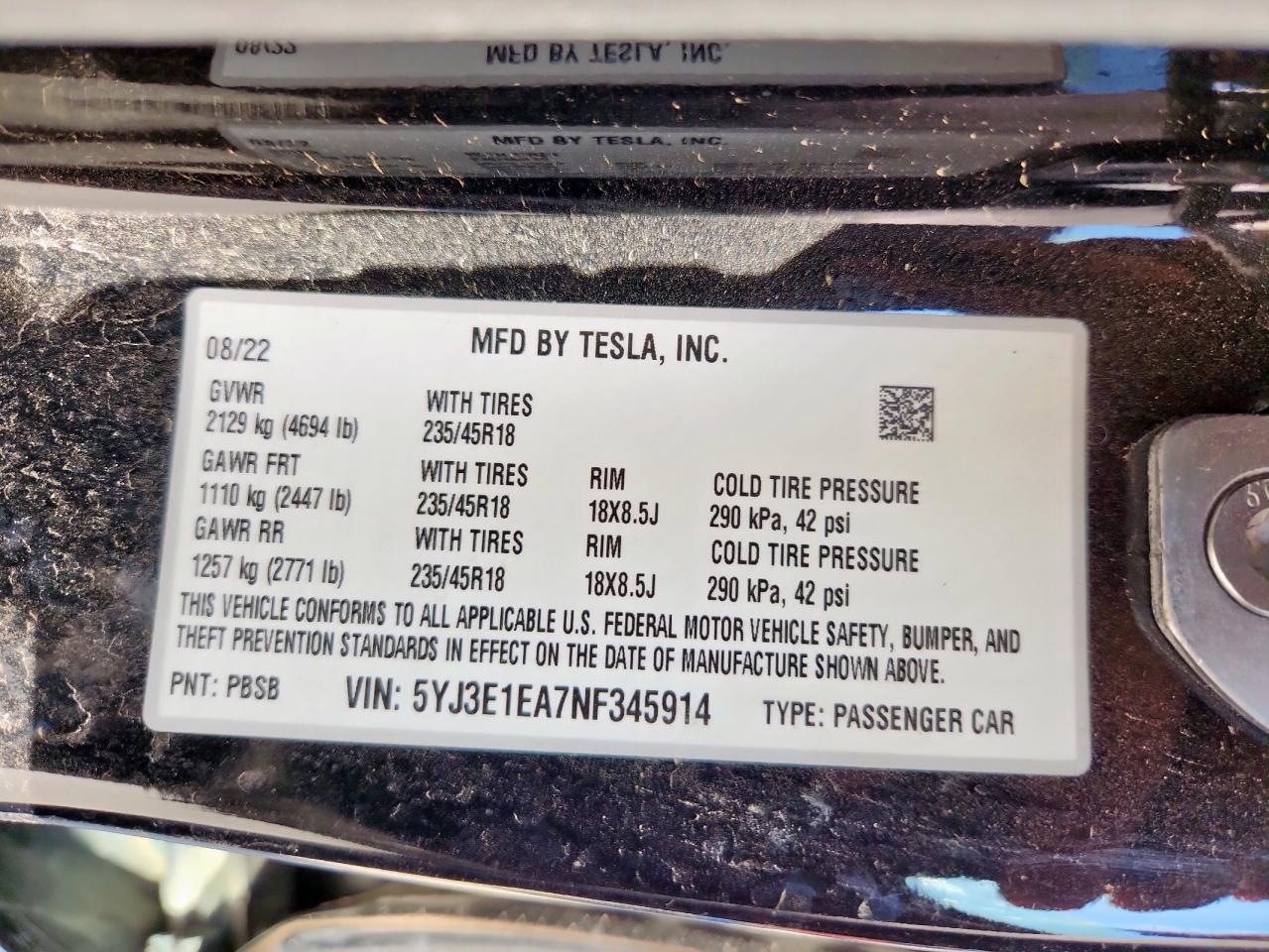 2022 Tesla Model 3 VIN: 5YJ3E1EA7NF345914 Lot: 84988945