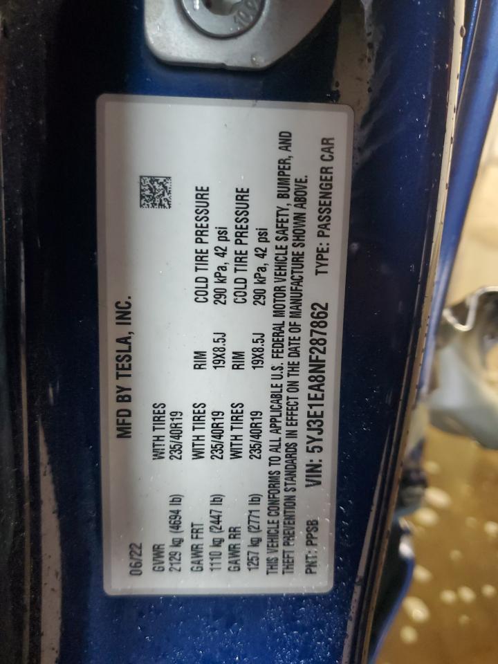 2022 Tesla Model 3 VIN: 5YJ3E1EA8NF287862 Lot: 86313455