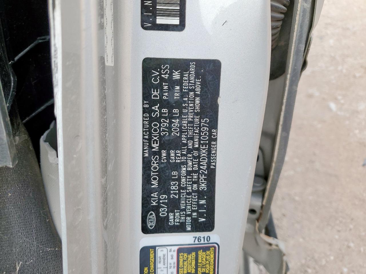 2019 Kia Forte Fe VIN: 3KPF24ADXKE105975 Lot: 87279535