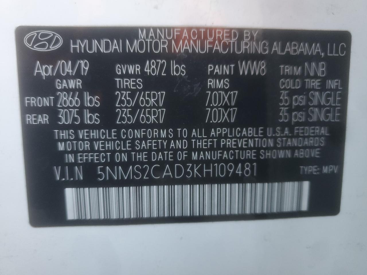 2019 Hyundai Santa Fe Se VIN: 5NMS2CAD3KH109481 Lot: 82330465