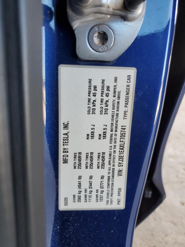 2020 Tesla Model 3 VIN: 5YJ3E1EAXLF705741 Lot: 82420885