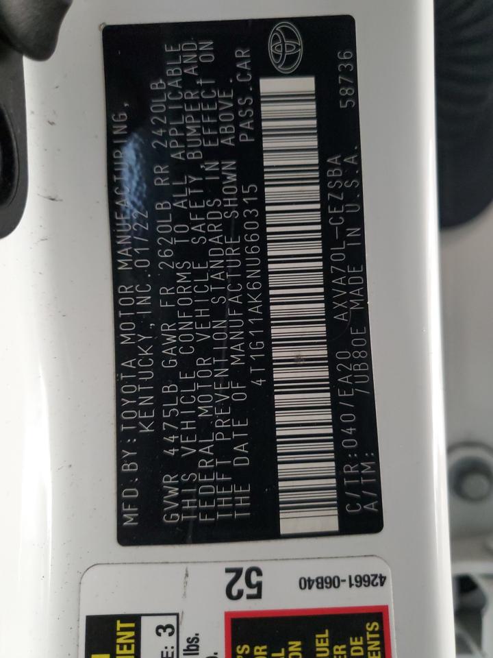 2022 Toyota Camry Se VIN: 4T1G11AK6NU660315 Lot: 82181355