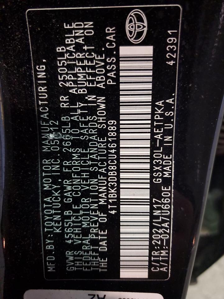 2012 Toyota Avalon Base VIN: 4T1BK3DB8CU461889 Lot: 86100735