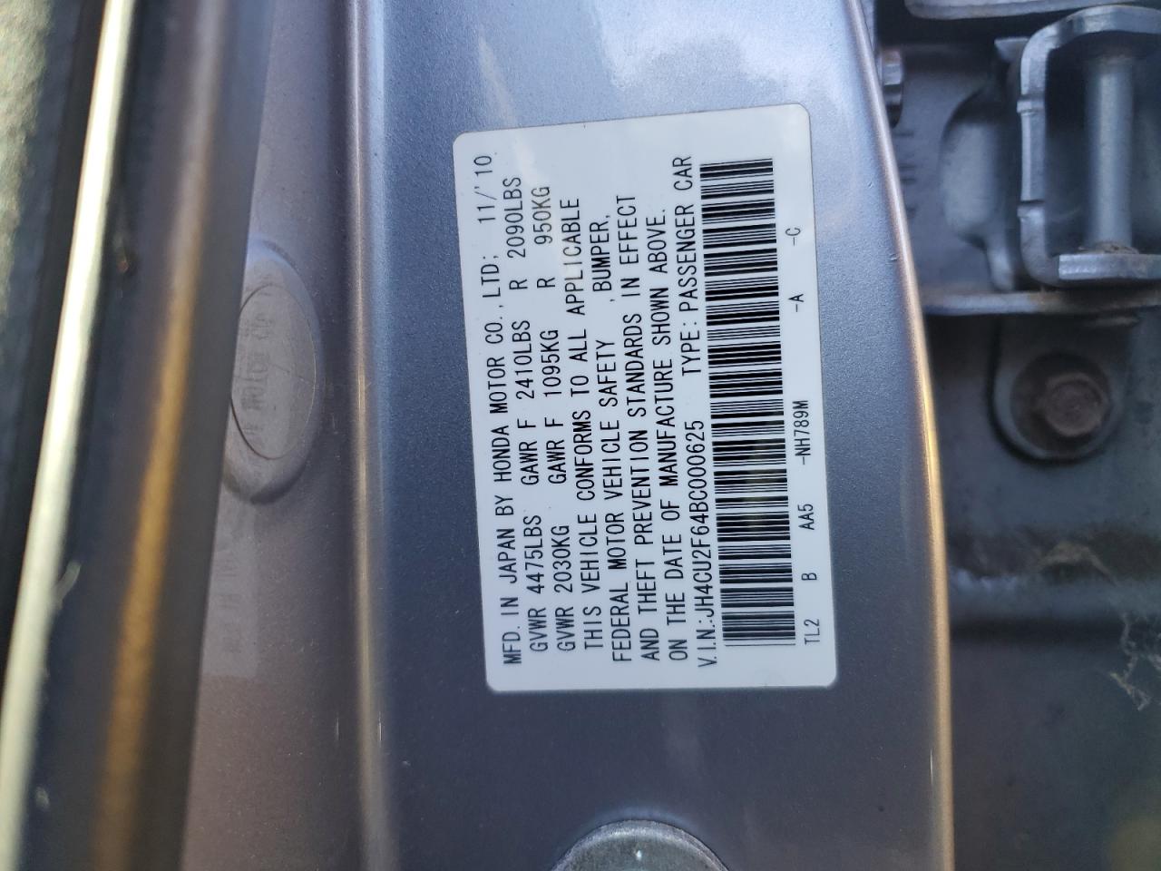 2011 Acura Tsx VIN: JH4CU2F64BC000625 Lot: 87034065