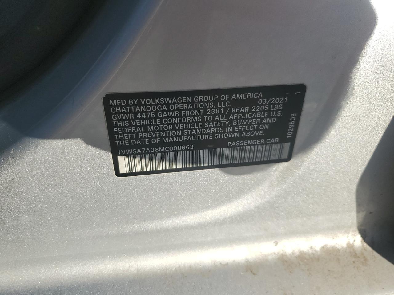 2021 Volkswagen Passat Se VIN: 1VWSA7A38MC008663 Lot: 85680435