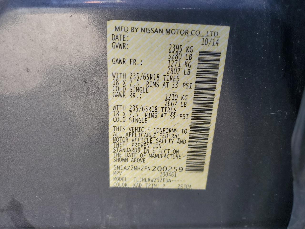 2015 Nissan Murano S VIN: 5N1AZ2MH2FN200259 Lot: 84566595