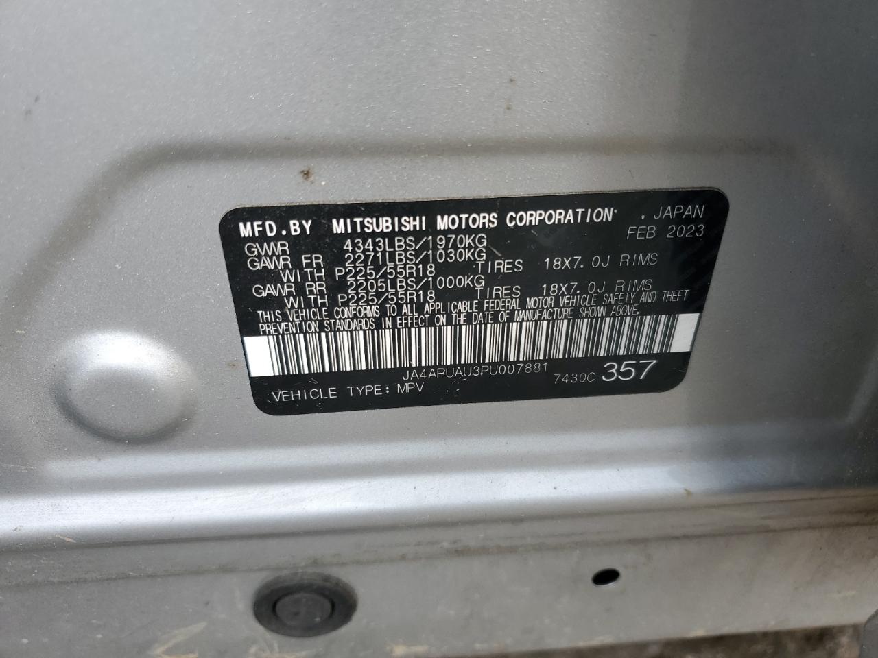 2023 Mitsubishi Outlander Sport S/Se VIN: JA4ARUAU3PU007881 Lot: 85296375