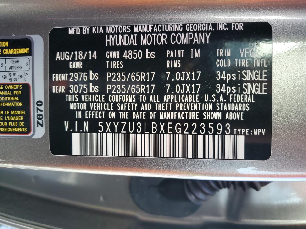 2014 Hyundai Santa Fe Sport VIN: 5XYZU3LBXEG223593 Lot: 84881245