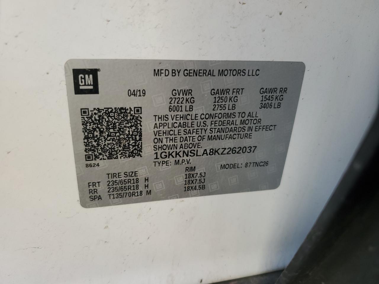 2019 GMC Acadia Sle VIN: 1GKKNSLA8KZ262037 Lot: 87068375