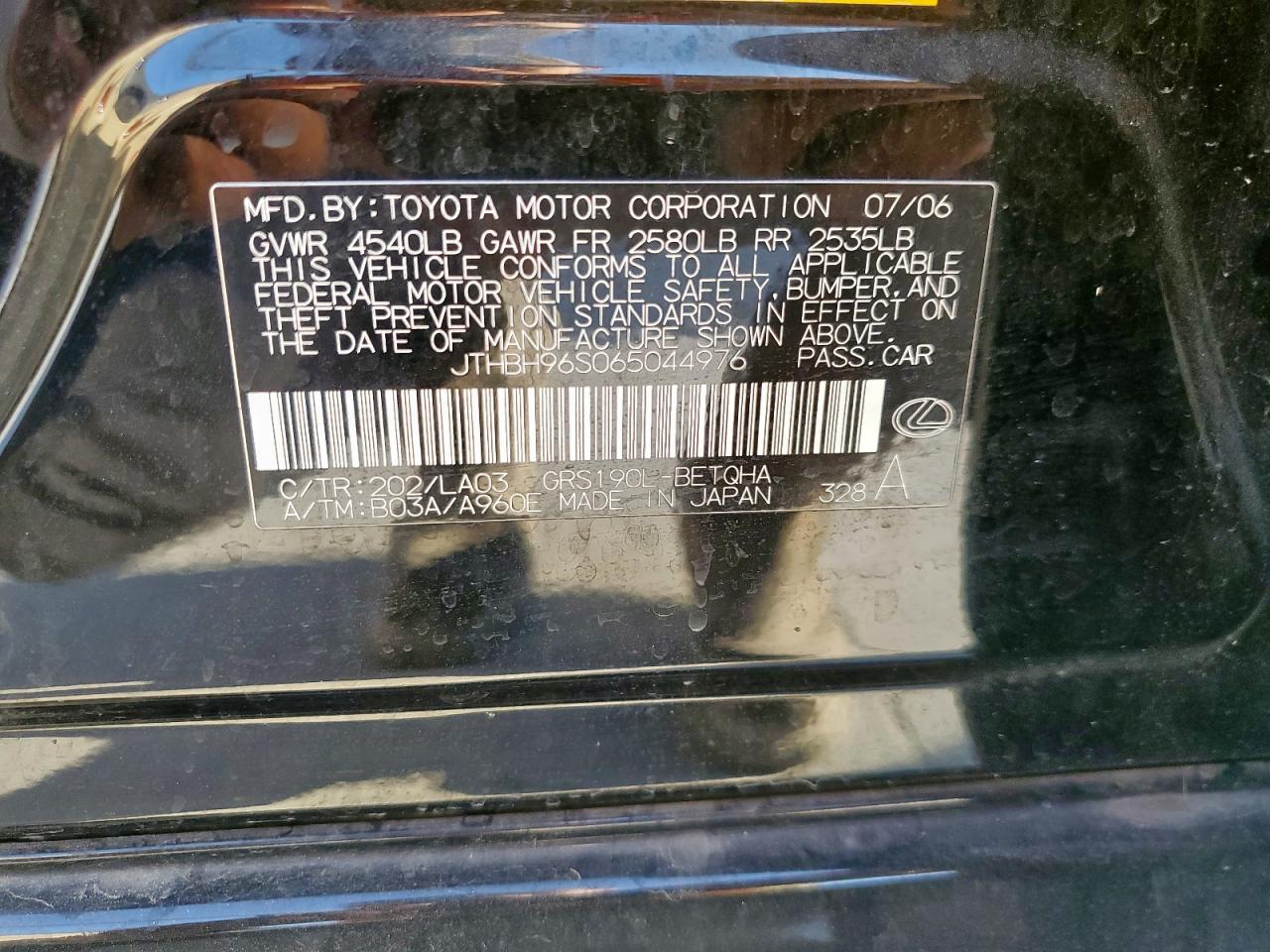 2006 Lexus Gs 300 VIN: JTHBH96S065044976 Lot: 82249525