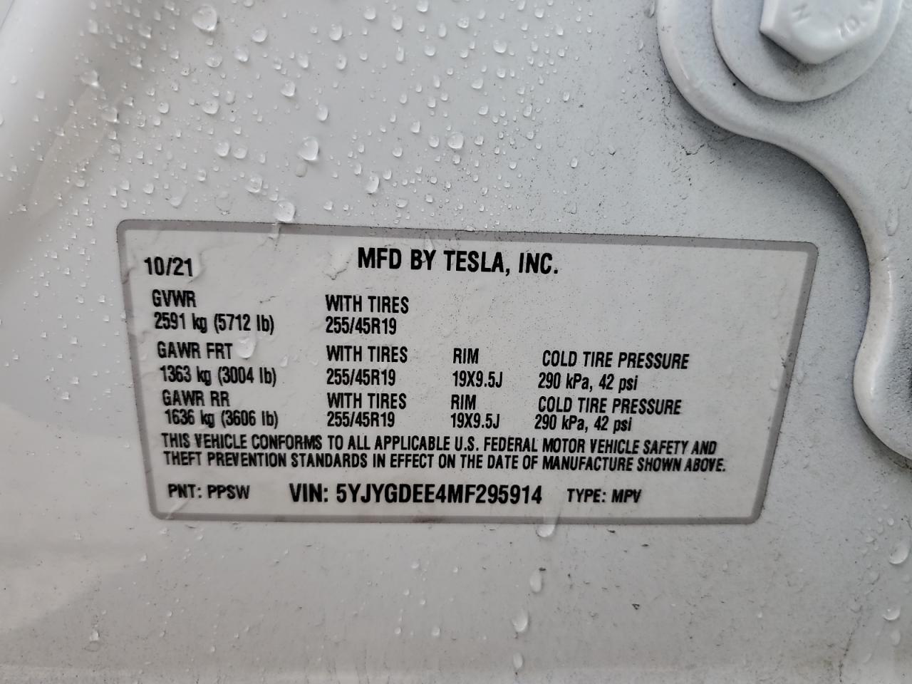 2021 Tesla Model Y VIN: 5YJYGDEE4MF295914 Lot: 85107055