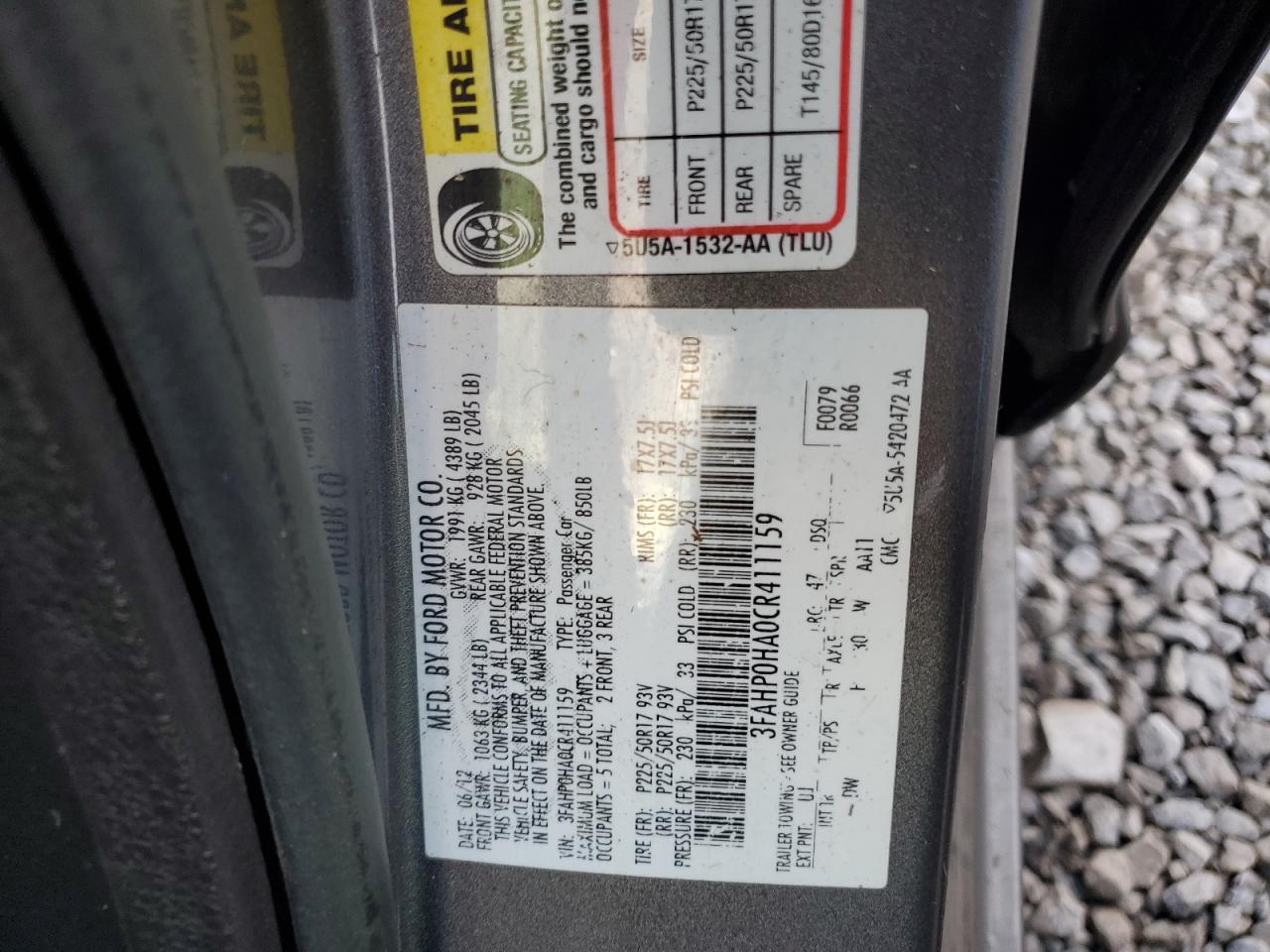 2012 Ford Fusion Se VIN: 3FAHP0HA0CR411159 Lot: 81192305