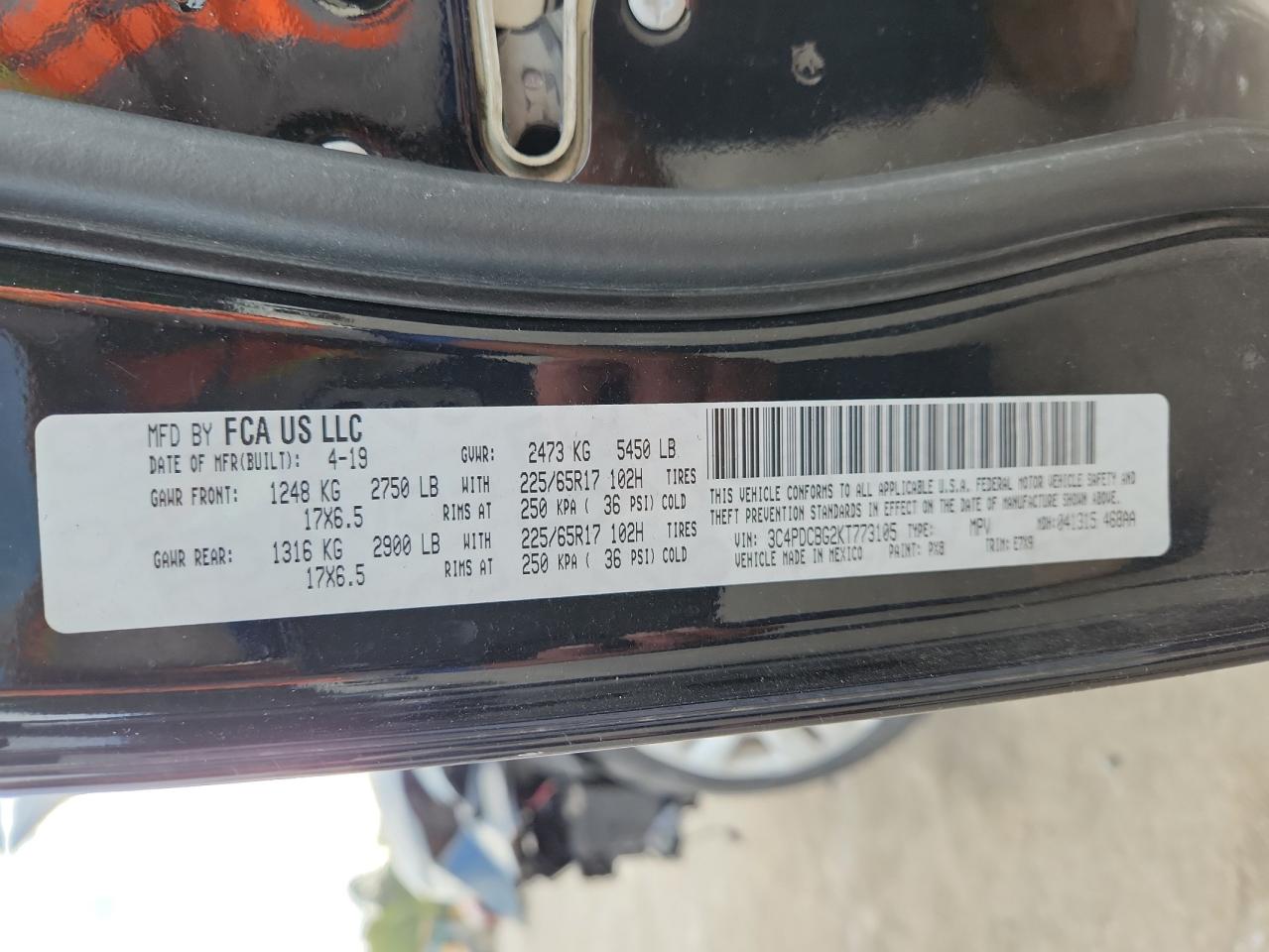 2019 Dodge Journey Se VIN: 3C4PDCBG2KT773105 Lot: 82003935