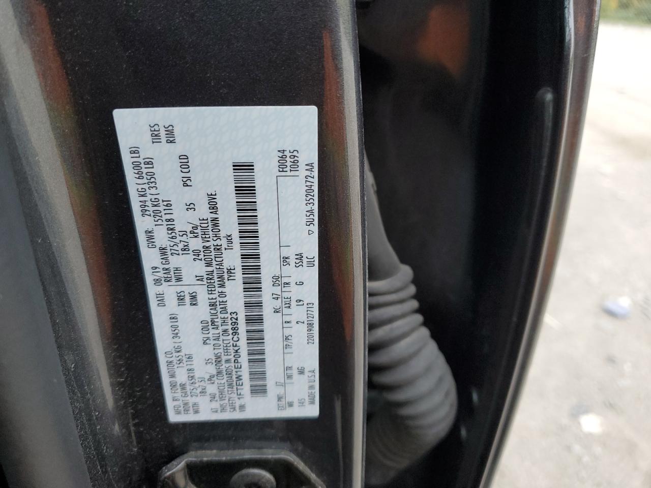 2019 Ford F150 Supercrew VIN: 1FTEW1EP0KFC98923 Lot: 90237465