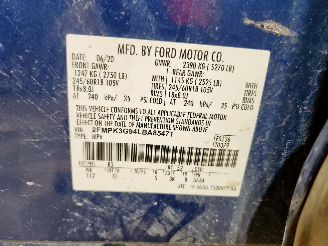 2020 Ford Edge Se VIN: 2FMPK3G94LBA85471 Lot: 84034655