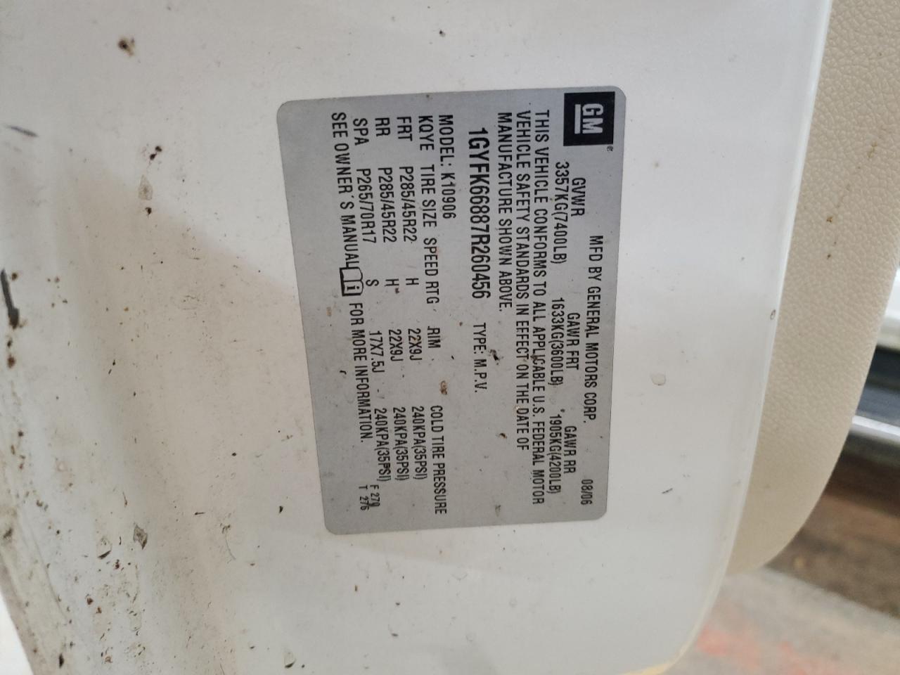 2007 Cadillac Escalade Esv VIN: 1GYFK66887R260456 Lot: 81927235