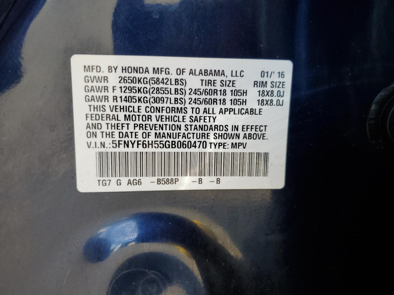 2016 Honda Pilot Exl VIN: 5FNYF6H55GB060470 Lot: 87053355