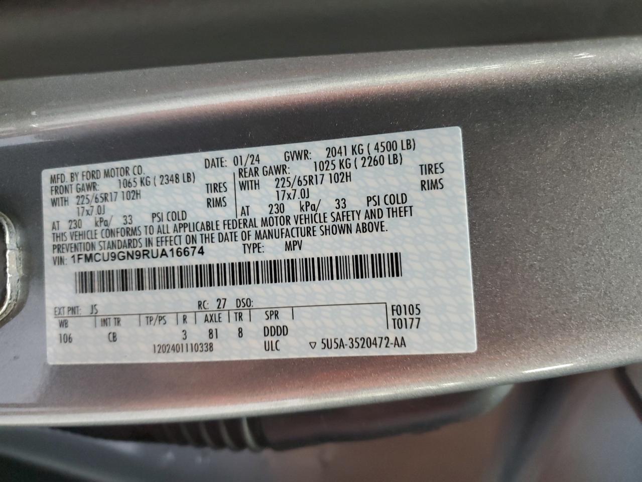 2024 Ford Escape Active VIN: 1FMCU9GN9RUA16674 Lot: 82300765