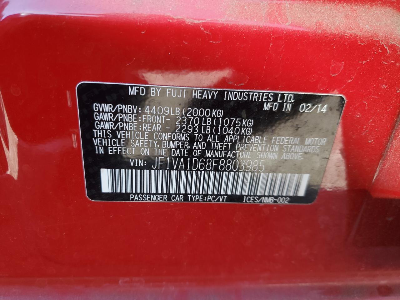 2015 Subaru Wrx Premium VIN: JF1VA1D68F8803985 Lot: 86146585