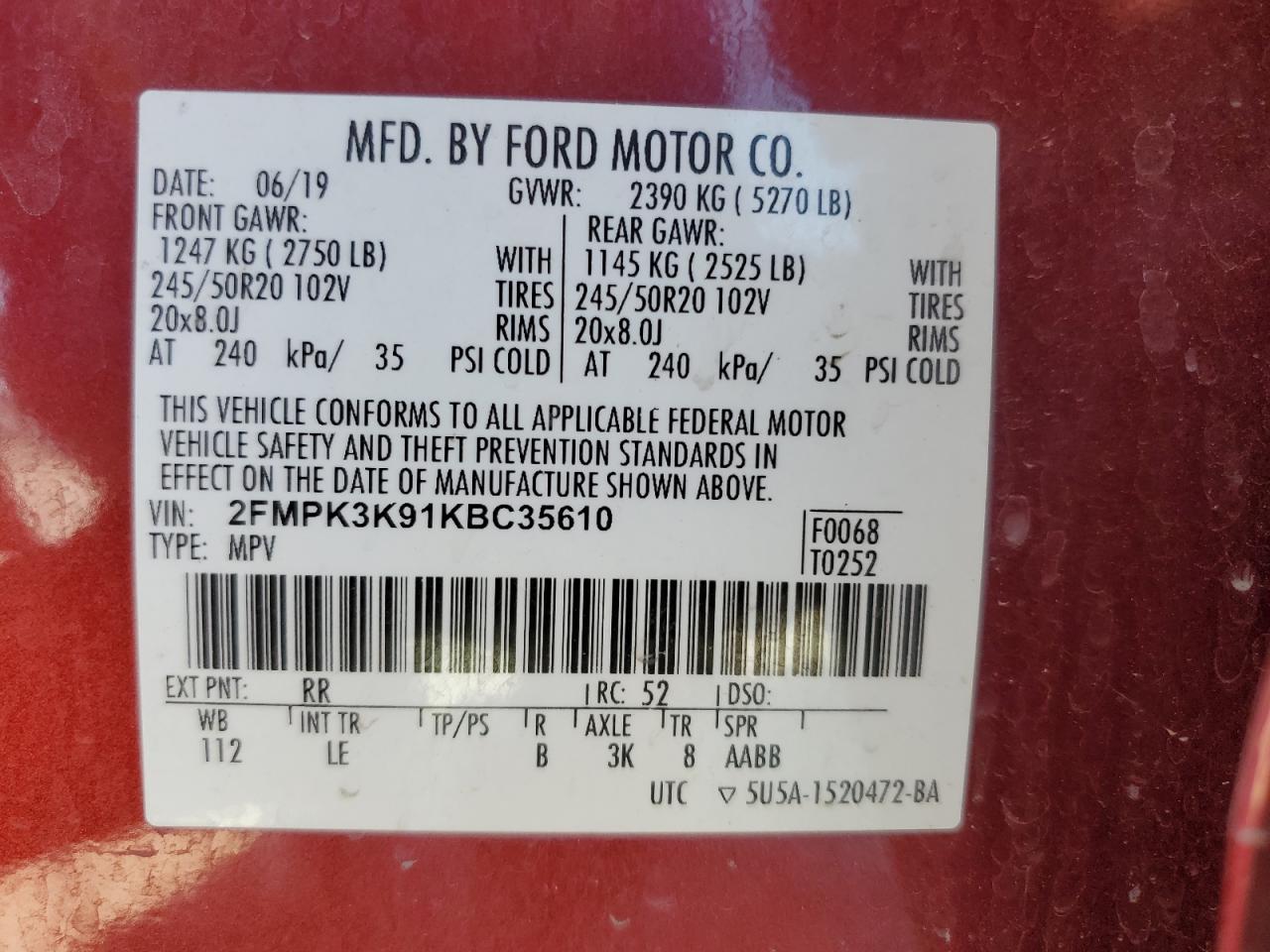 2019 Ford Edge Titanium VIN: 2FMPK3K91KBC35610 Lot: 82390675