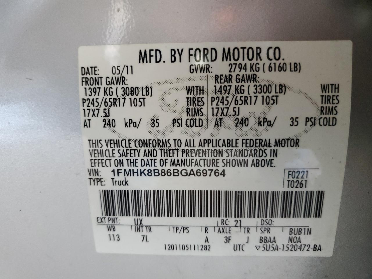 2011 Ford Explorer VIN: 1FMHK8B86BGA69764 Lot: 84755825