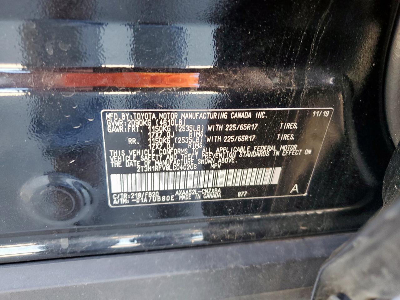 2020 Toyota Rav4 Le VIN: 2T3H1RFV8LC040206 Lot: 86166425