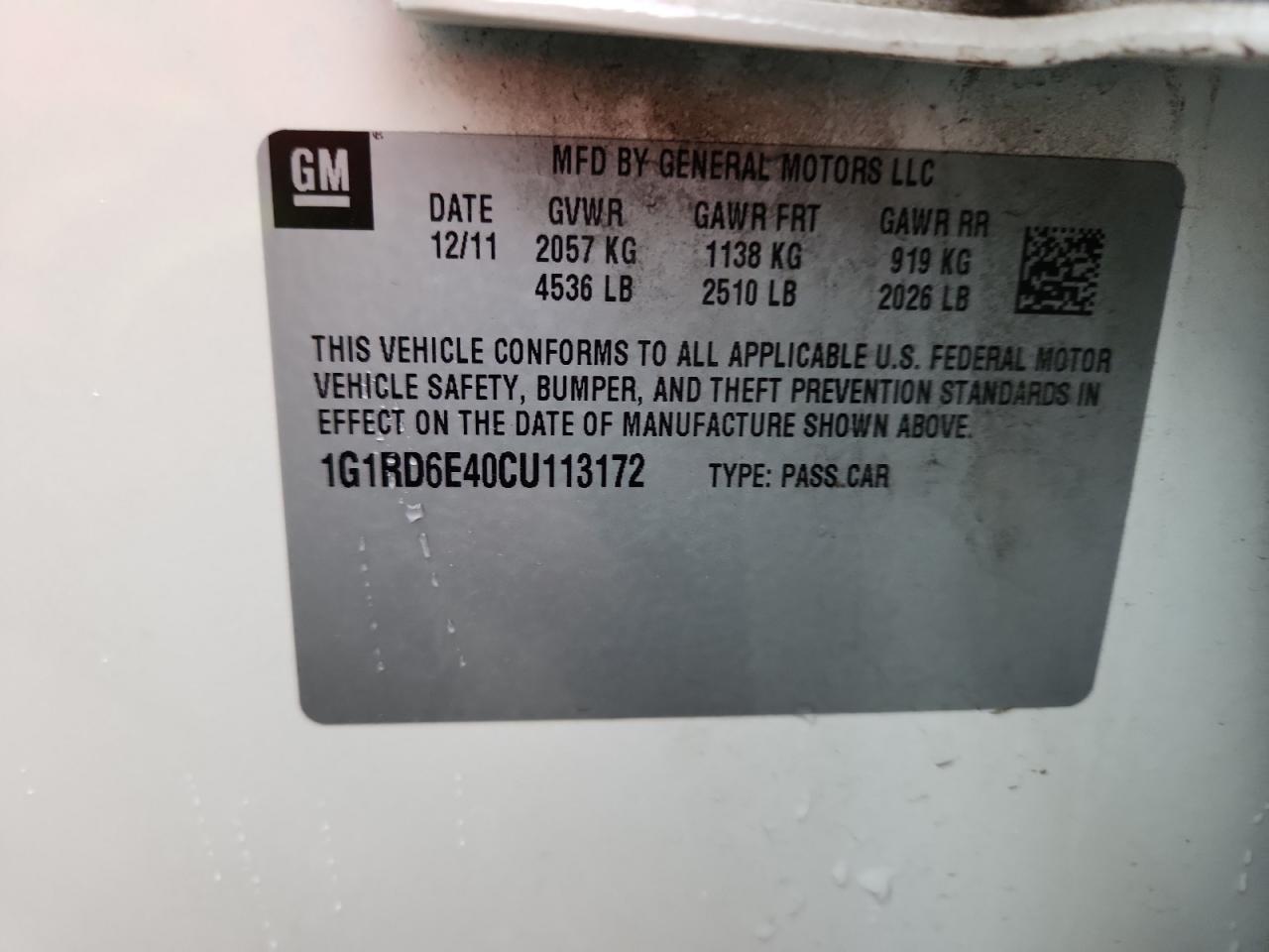 2012 Chevrolet Volt VIN: 1G1RD6E40CU113172 Lot: 87063835