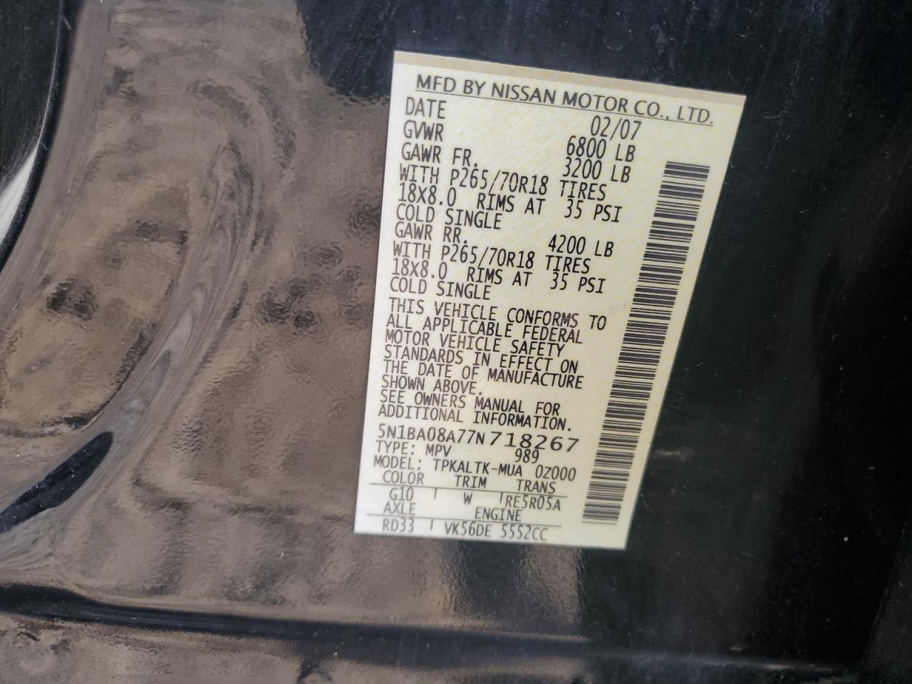 2007 Nissan Armada Se VIN: 5N1BA08A77N718267 Lot: 86494895