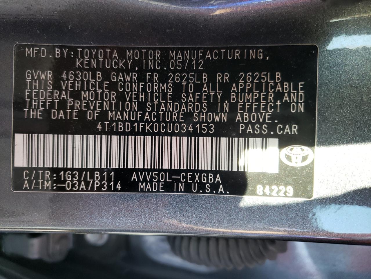 2012 Toyota Camry Hybrid VIN: 4T1BD1FK0CU034153 Lot: 85858805