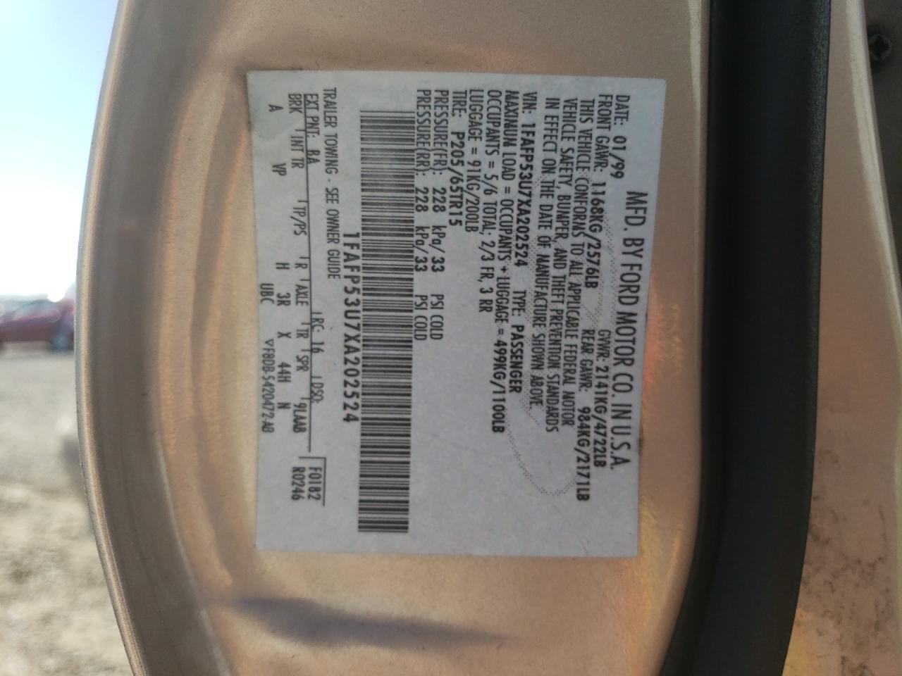 1999 Ford Taurus Se VIN: 1FAFP53U7XA202524 Lot: 90349055