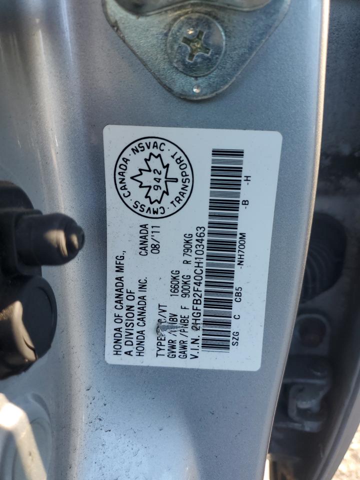 2012 Honda Civic Lx VIN: 2HGFB2F40CH103463 Lot: 85259235