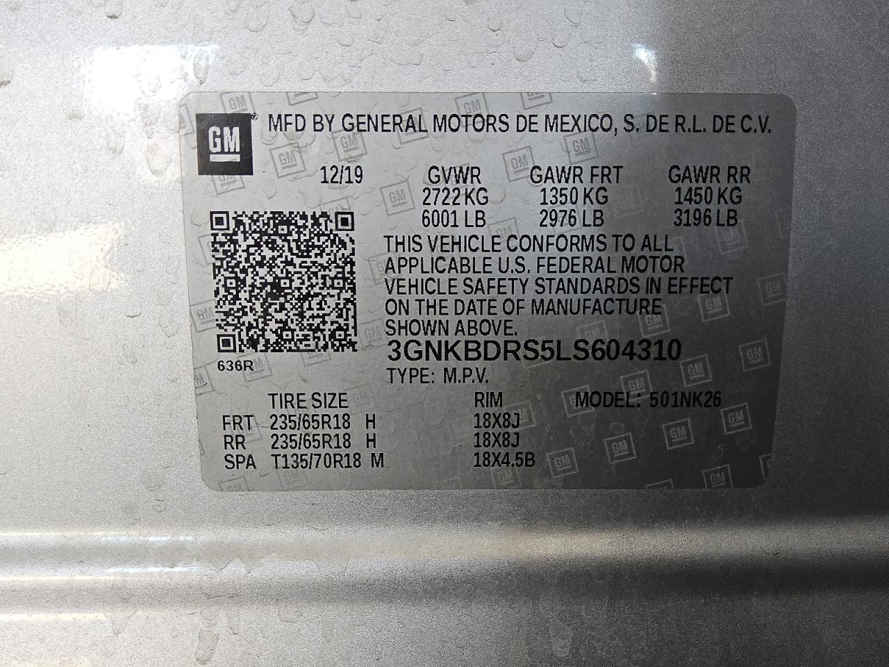 2020 Chevrolet Blazer 3Lt VIN: 3GNKBDRS5LS604310 Lot: 86795125