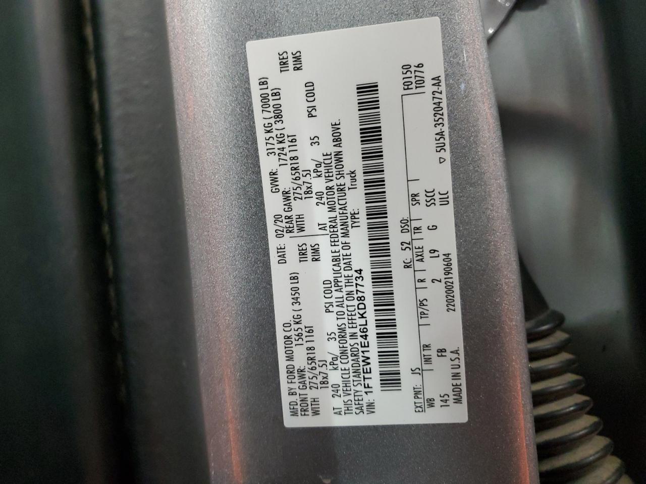 2020 Ford F150 Supercrew VIN: 1FTEW1E46LKD87734 Lot: 82774875