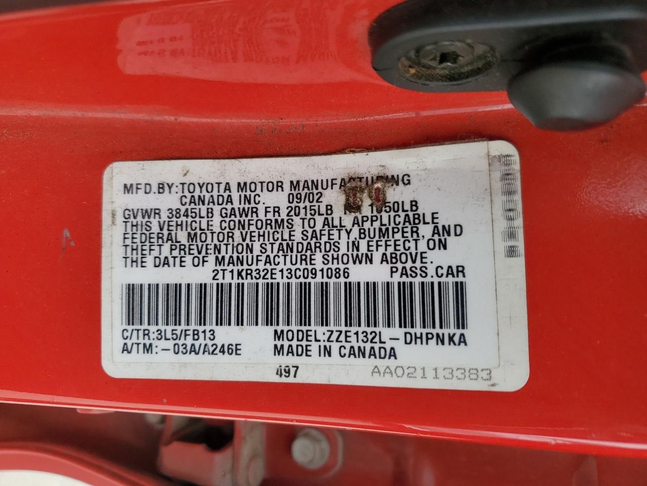 2003 Toyota Corolla Matrix Xr VIN: 2T1KR32E13C091086 Lot: 87059235