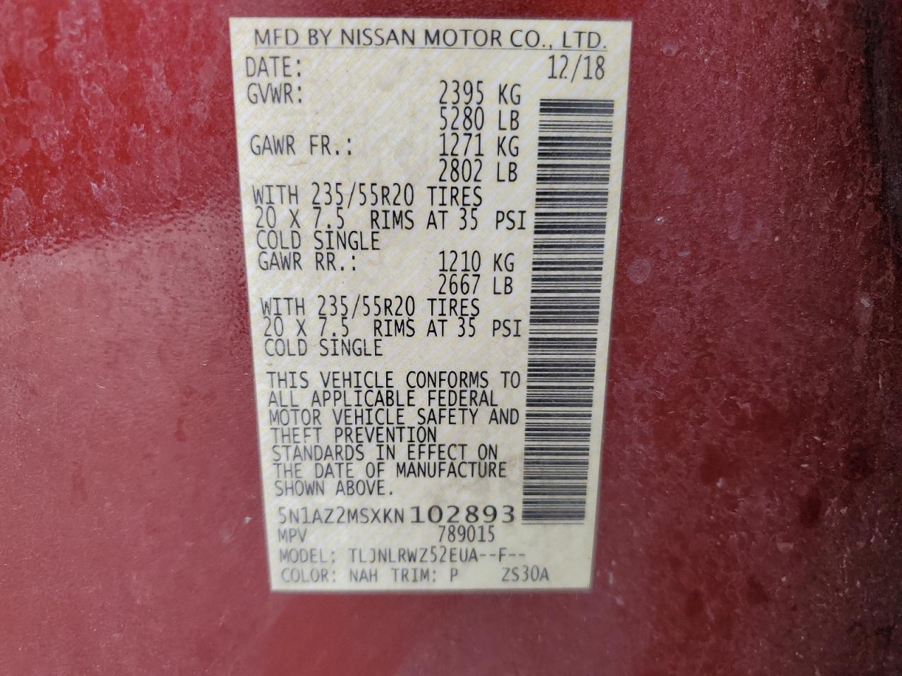 2019 Nissan Murano S VIN: 5N1AZ2MSXKN102893 Lot: 85668435