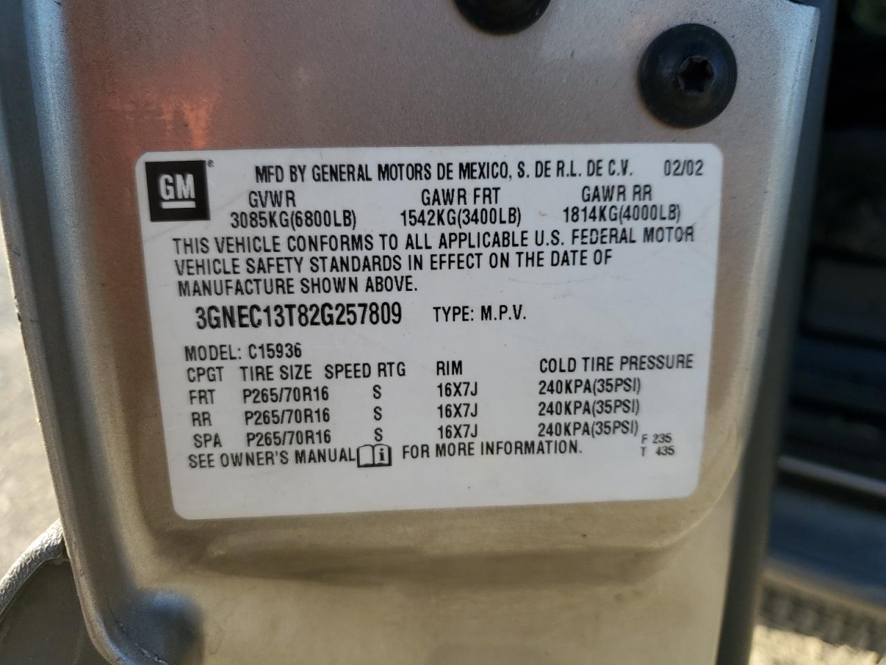 2002 Chevrolet Avalanche C1500 VIN: 3GNEC13T82G257809 Lot: 82186465