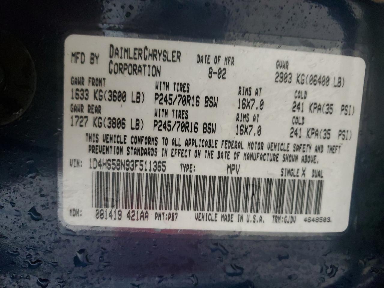 2003 Dodge Durango Slt Plus VIN: 1D4HS58N93F511365 Lot: 82062555