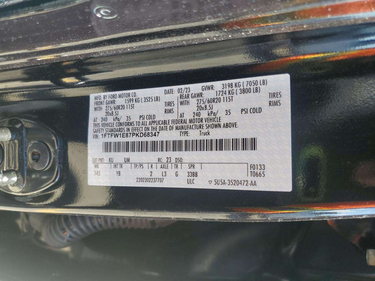 2023 Ford F150 Supercrew VIN: 1FTFW1E87PKD68347 Lot: 86131325