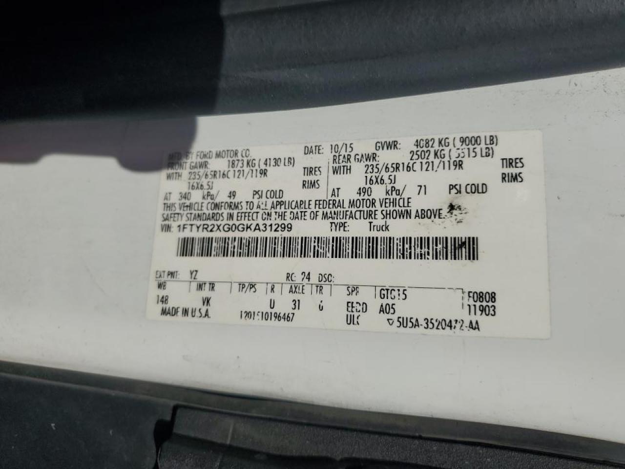 2016 Ford Transit Delivery Van VIN: 1FTYR2XG0GKA31299 Lot: 84199975