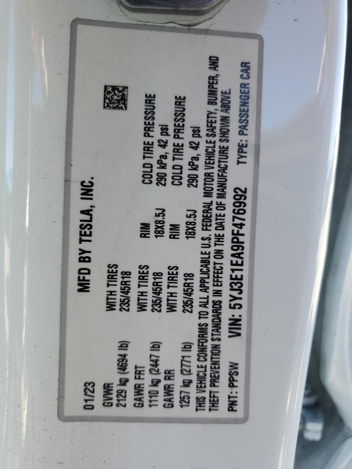 2021 Tesla Model 3 VIN: 5YJ3E1EA9PF476992 Lot: 87299255
