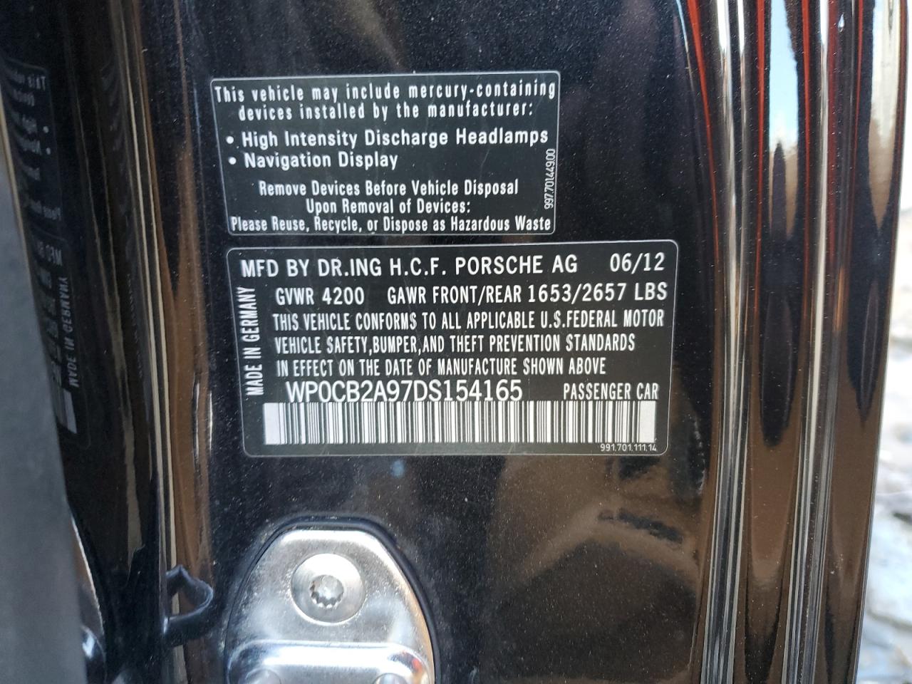 2013 Porsche 911 Carrera S VIN: WP0CB2A97DS154165 Lot: 86488465