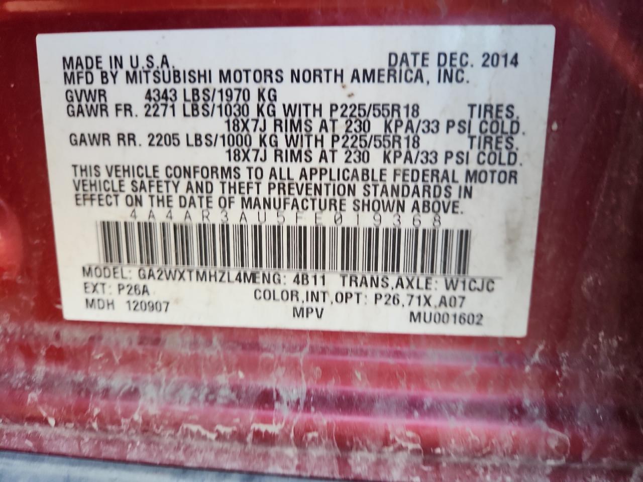 2015 Mitsubishi Outlander Sport Es VIN: 4A4AR3AU5FE019368 Lot: 85531725