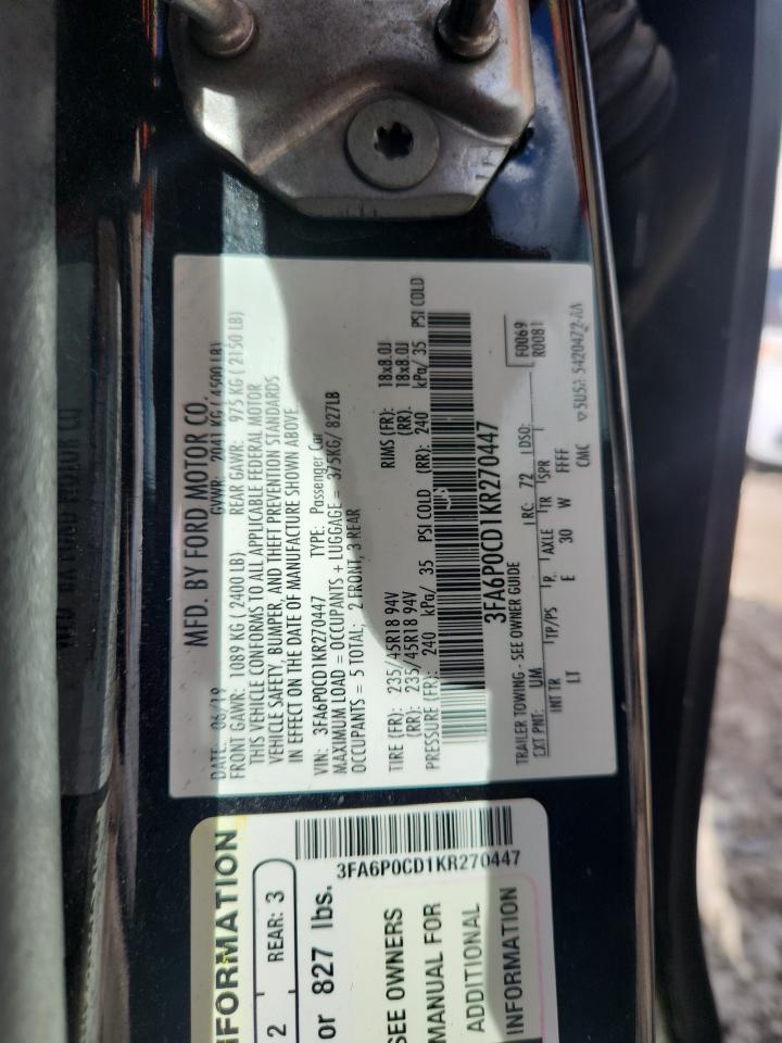 2019 Ford Fusion Sel VIN: 3FA6P0CD1KR270447 Lot: 82619755